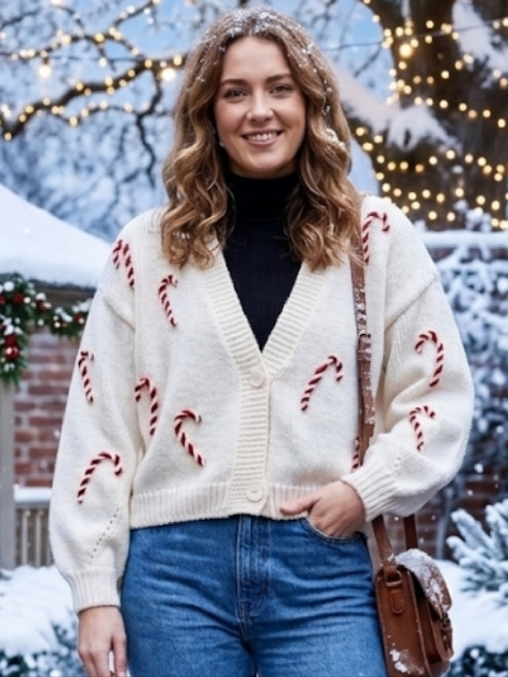 ​Luna Ivy Cream Candy Cane Pattern Knit Cardigan Medium Christmas Holiday M